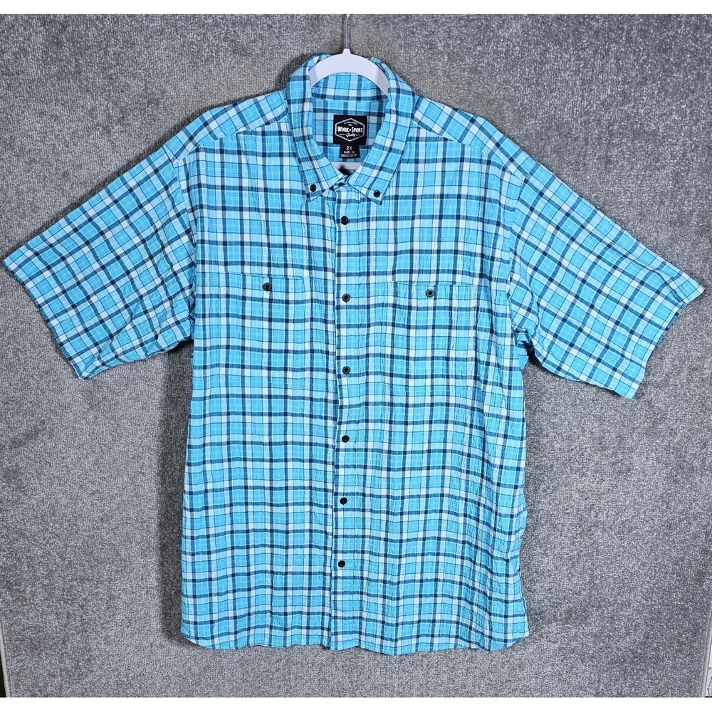 Work N Sport Shirt Mens Size 2X Blue Plaid Crinkle Button‎ Down Chest Pockets